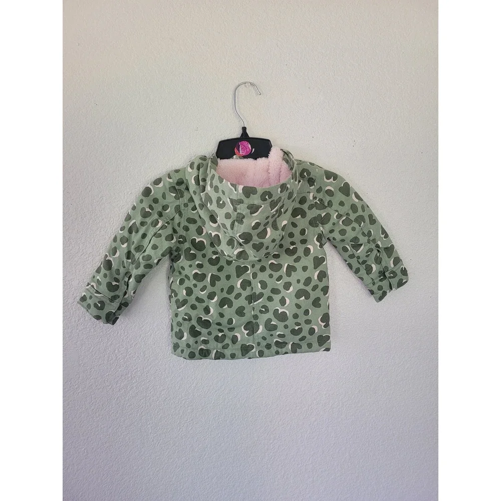 Cat & Jack Baby Girl 12M Olive Green Leopard Heart Print Hooded Jacket #R‎